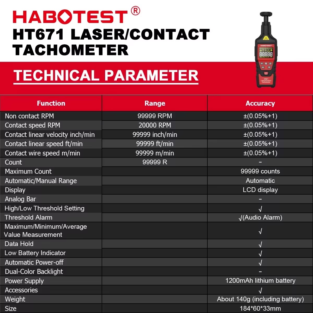 HABOTEST HT671 2-in-1 디지털 타코미터 - Industrial Laser Tachometer 리뷰 및 가격